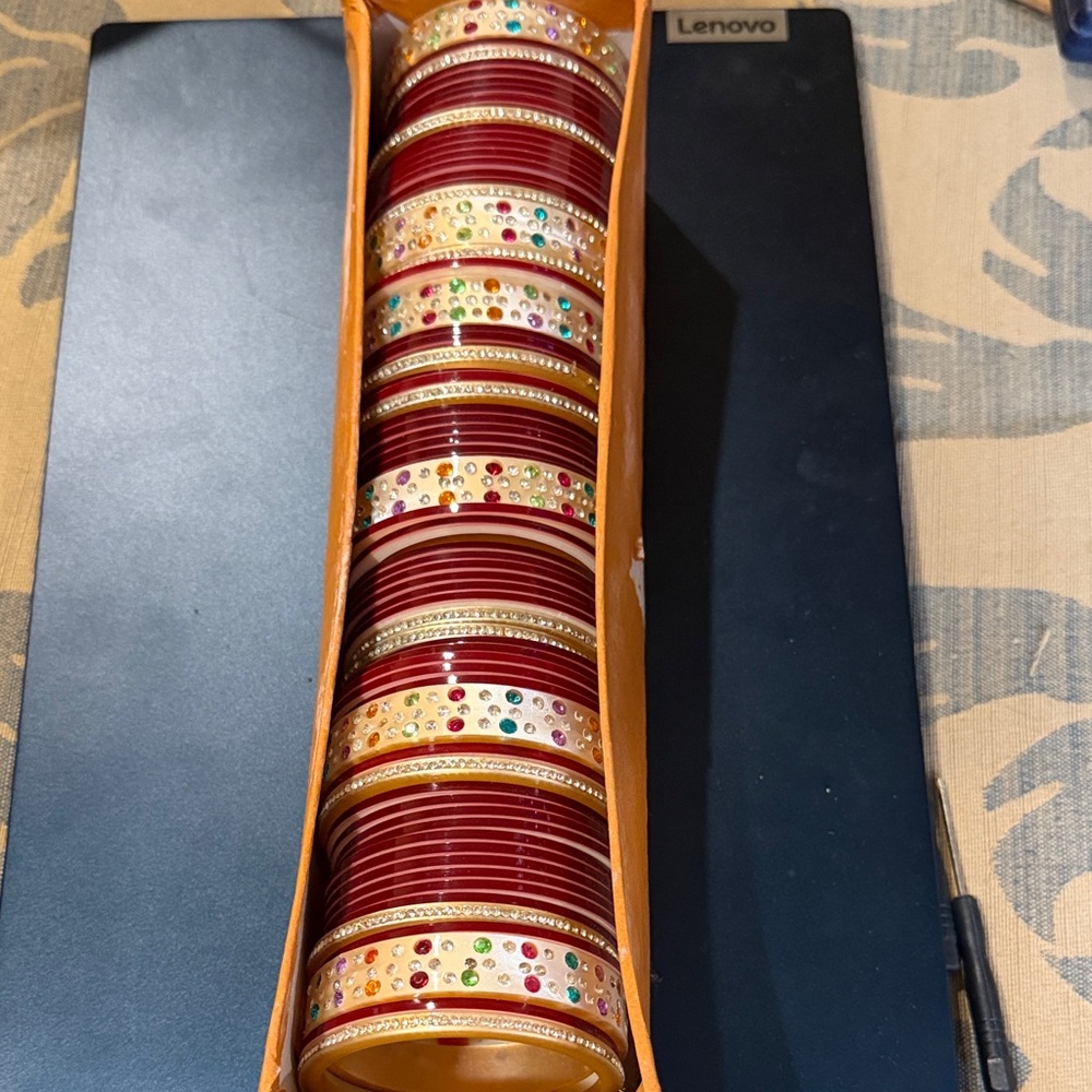 Red and Gold Bangle Set with Multicolor Accents